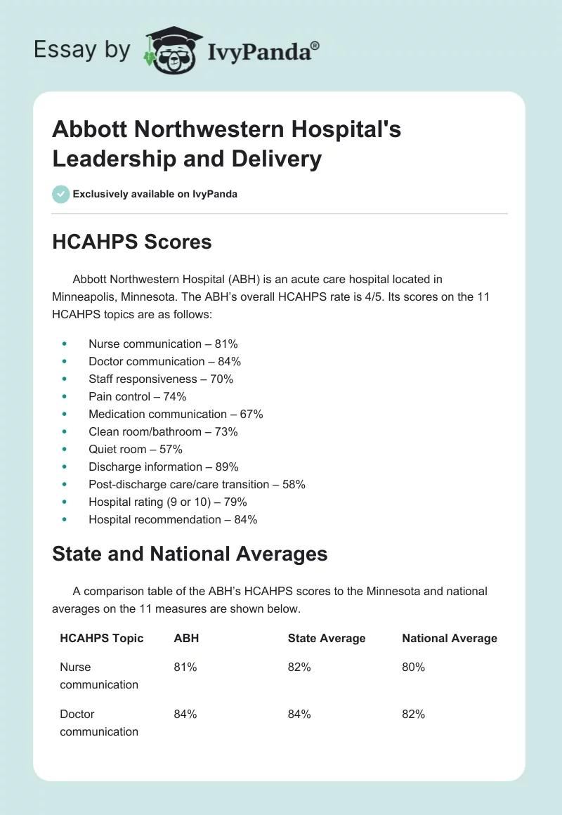 Abbott Northwestern Hospital's Leadership and Delivery. Page 1