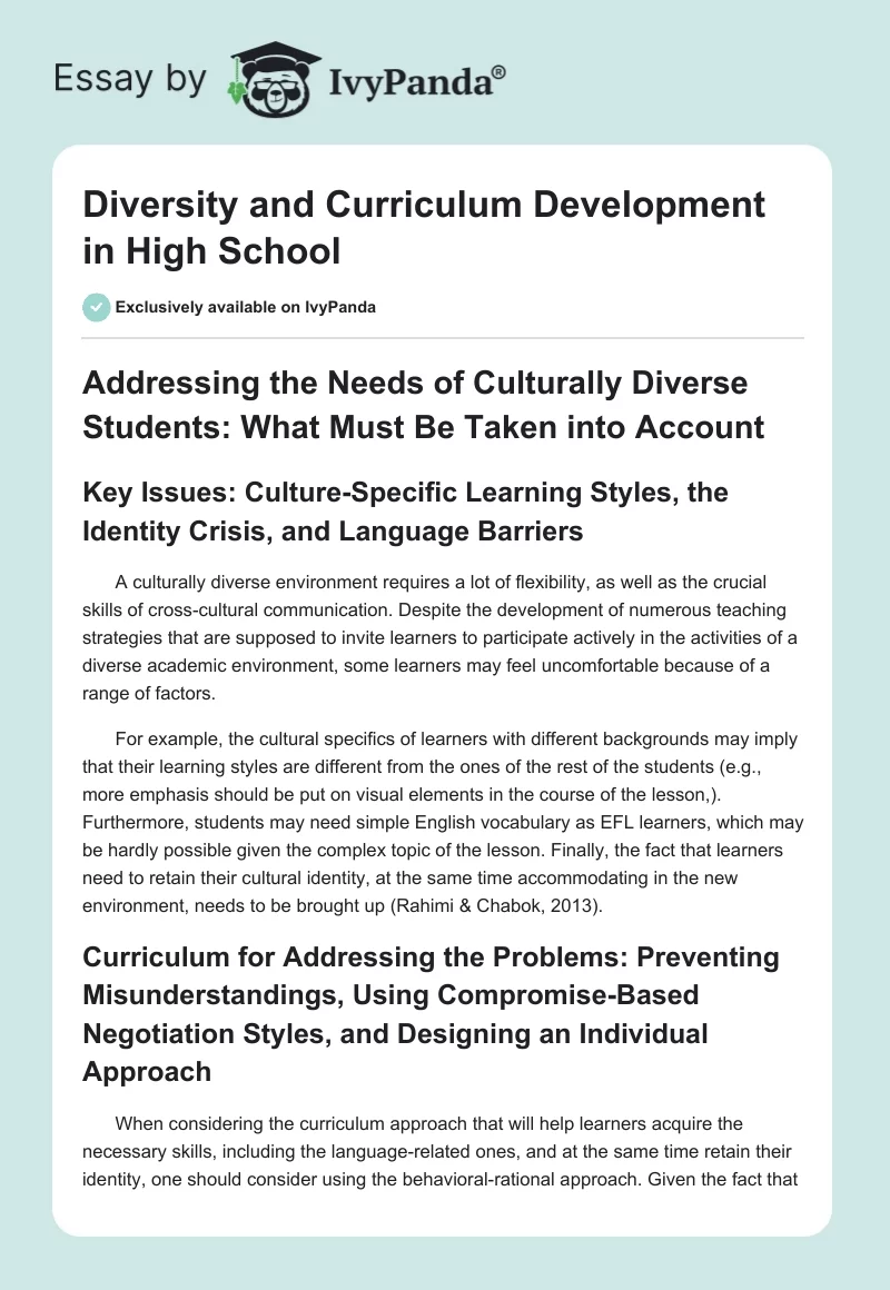 Diversity and Curriculum Development in High School. Page 1
