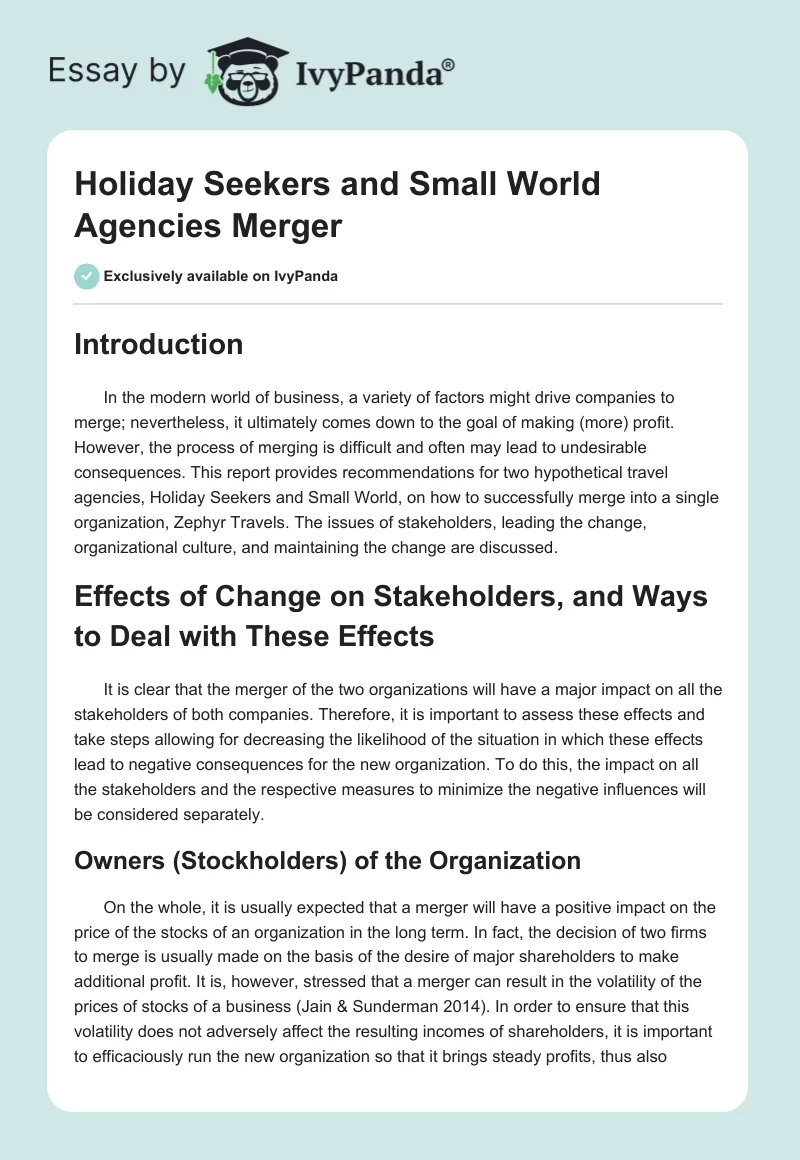 Holiday Seekers and Small World Agencies Merger. Page 1