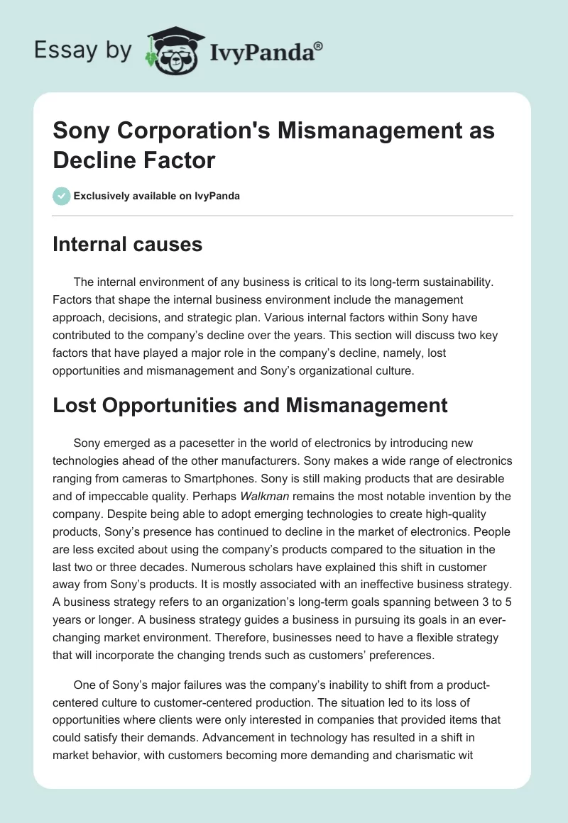 Sony Corporation's Mismanagement as Decline Factor. Page 1