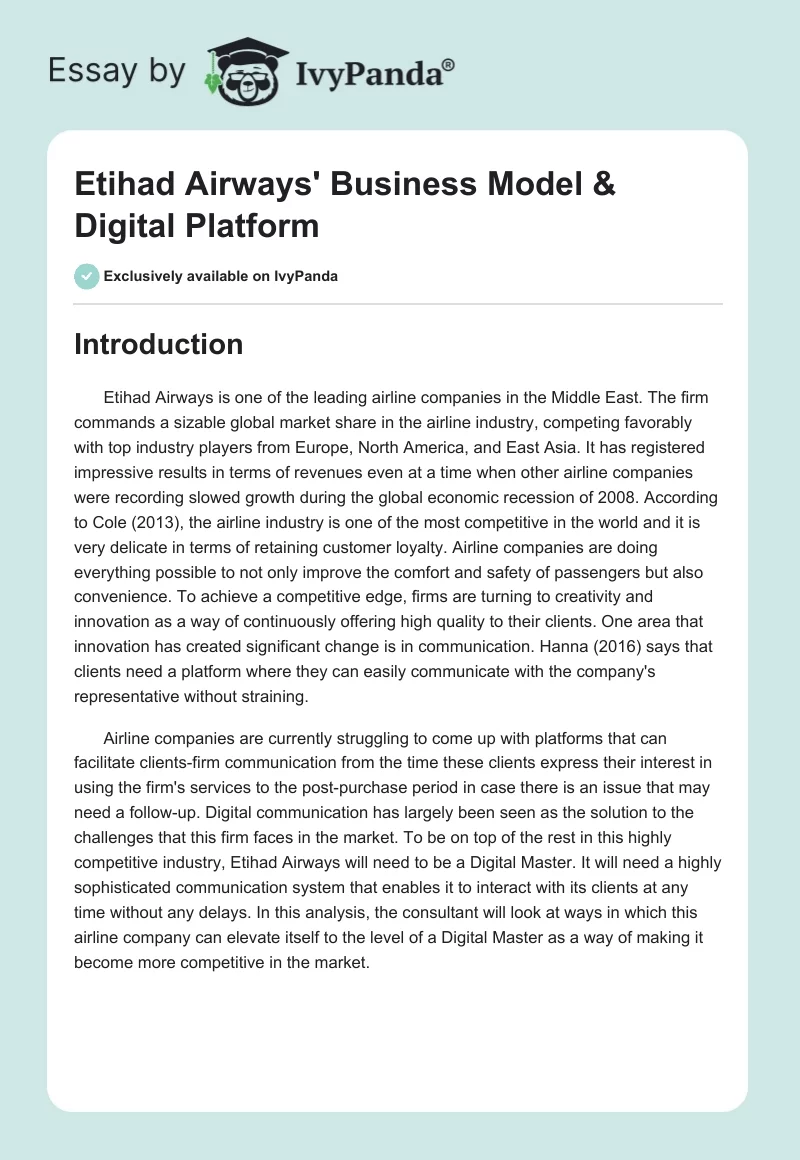 Etihad Airways' Business Model & Digital Platform. Page 1