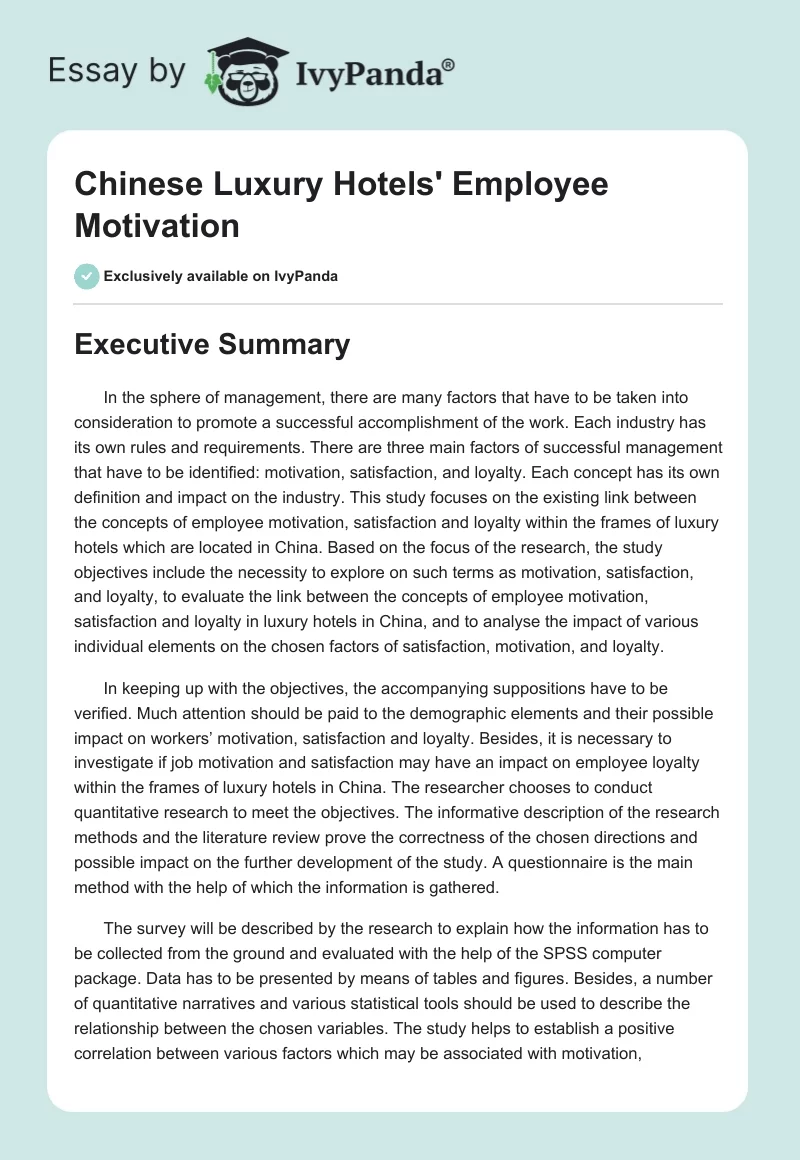 Chinese Luxury Hotels' Employee Motivation. Page 1