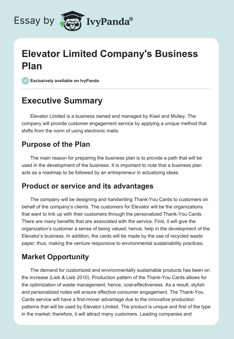 Elevator Limited Company's Business Plan. Page 1
