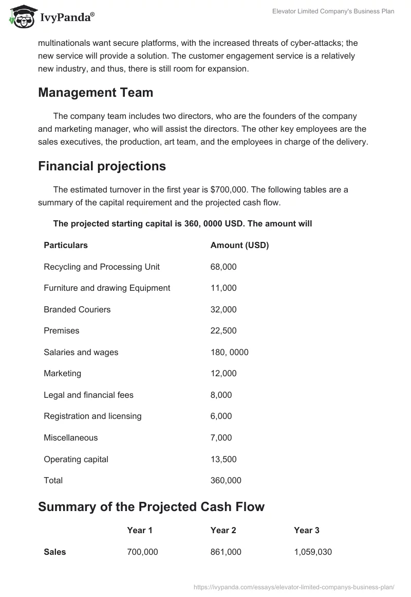 Elevator Limited Company's Business Plan. Page 2