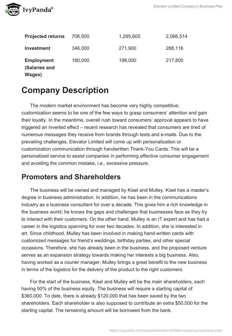 Elevator Limited Company's Business Plan. Page 3