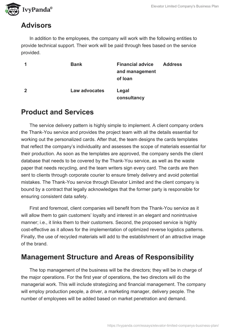 Elevator Limited Company's Business Plan. Page 4