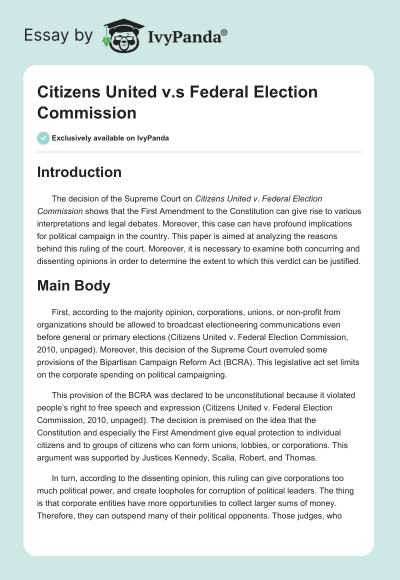 Citizens United v.s Federal Election Commission. Page 1