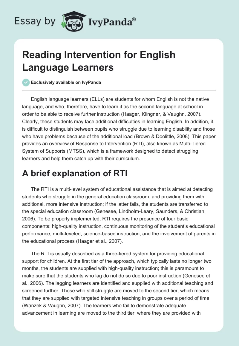 Reading Intervention for English Language Learners. Page 1