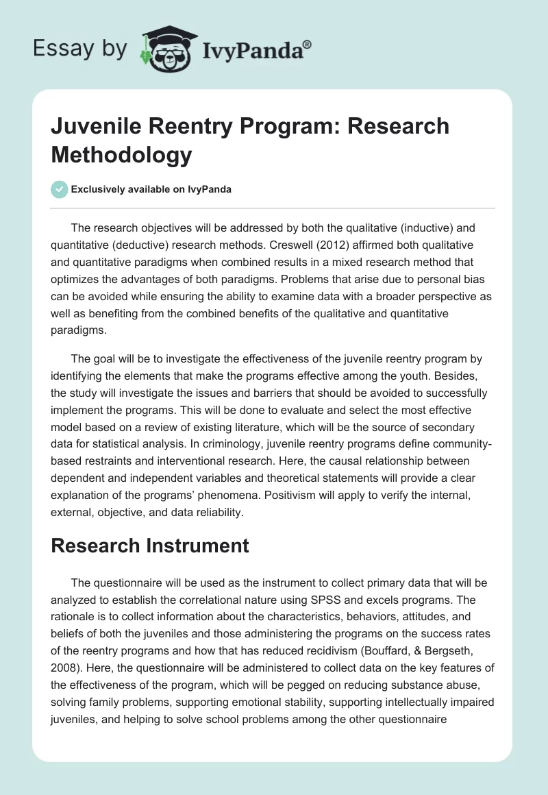 Juvenile Reentry Program: Research Methodology. Page 1
