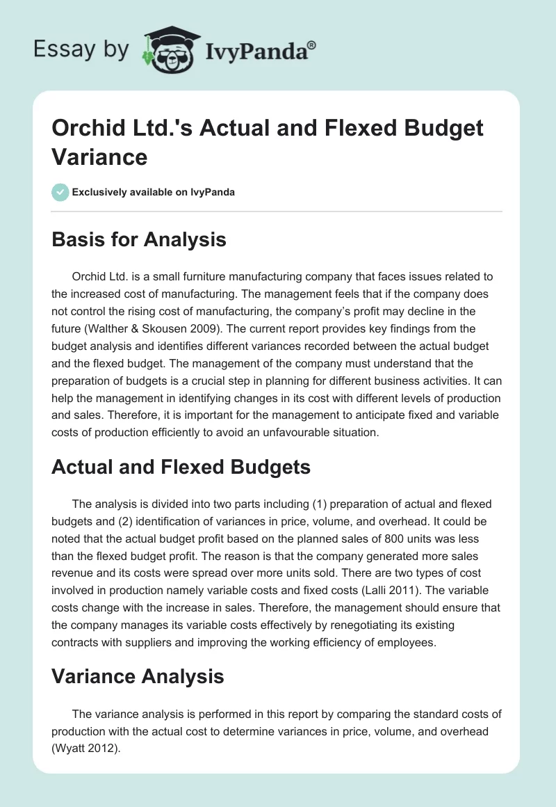 Orchid Ltd.'s Actual and Flexed Budget Variance. Page 1