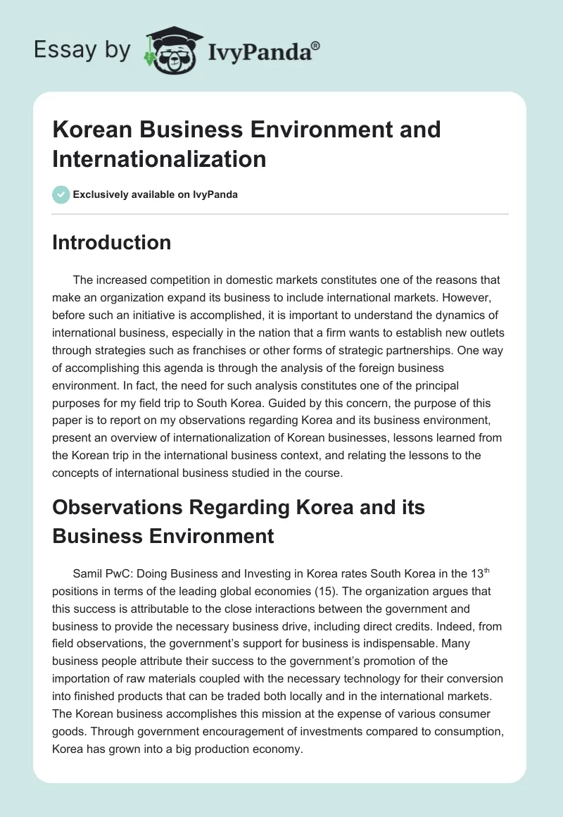 Korean Business Environment and Internationalization. Page 1