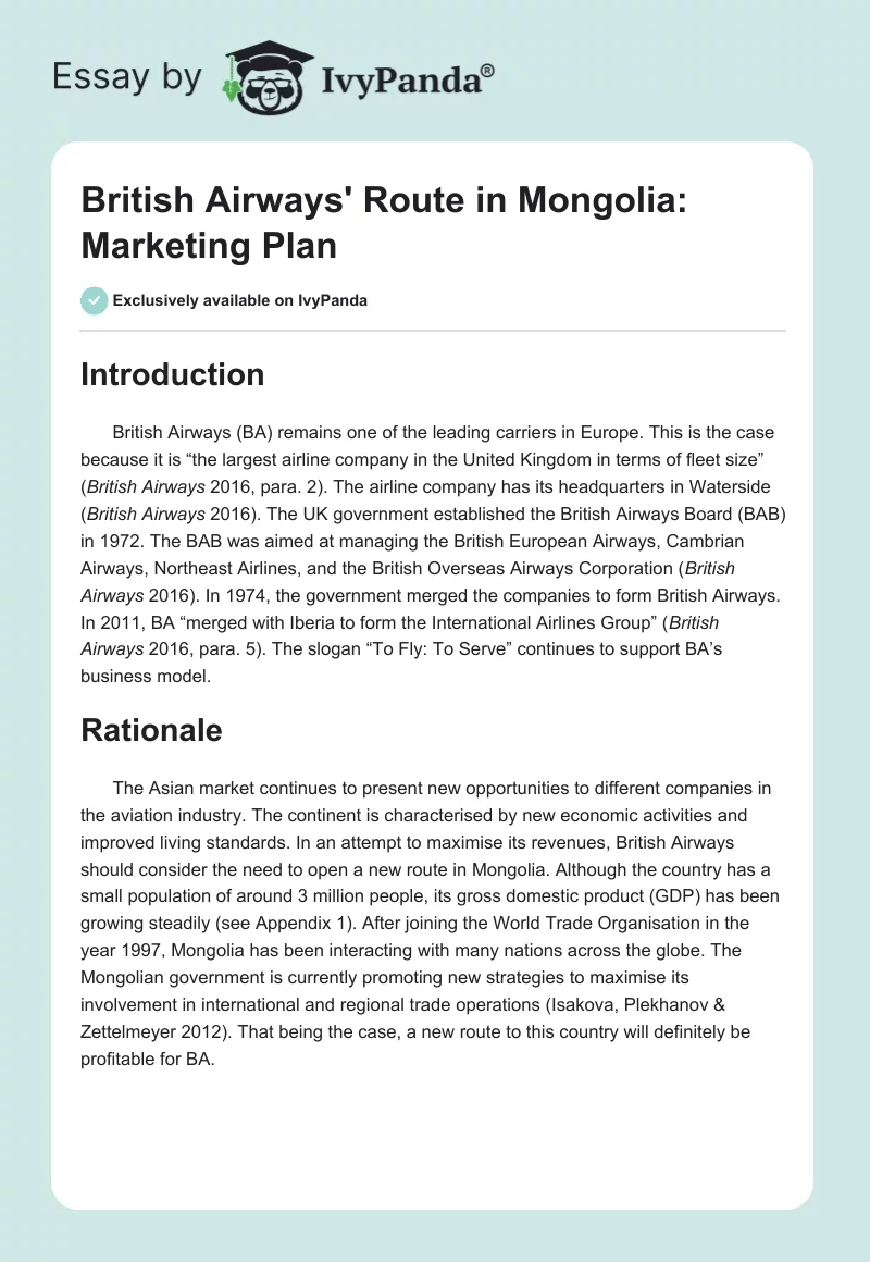 British Airways' Route in Mongolia: Marketing Plan. Page 1