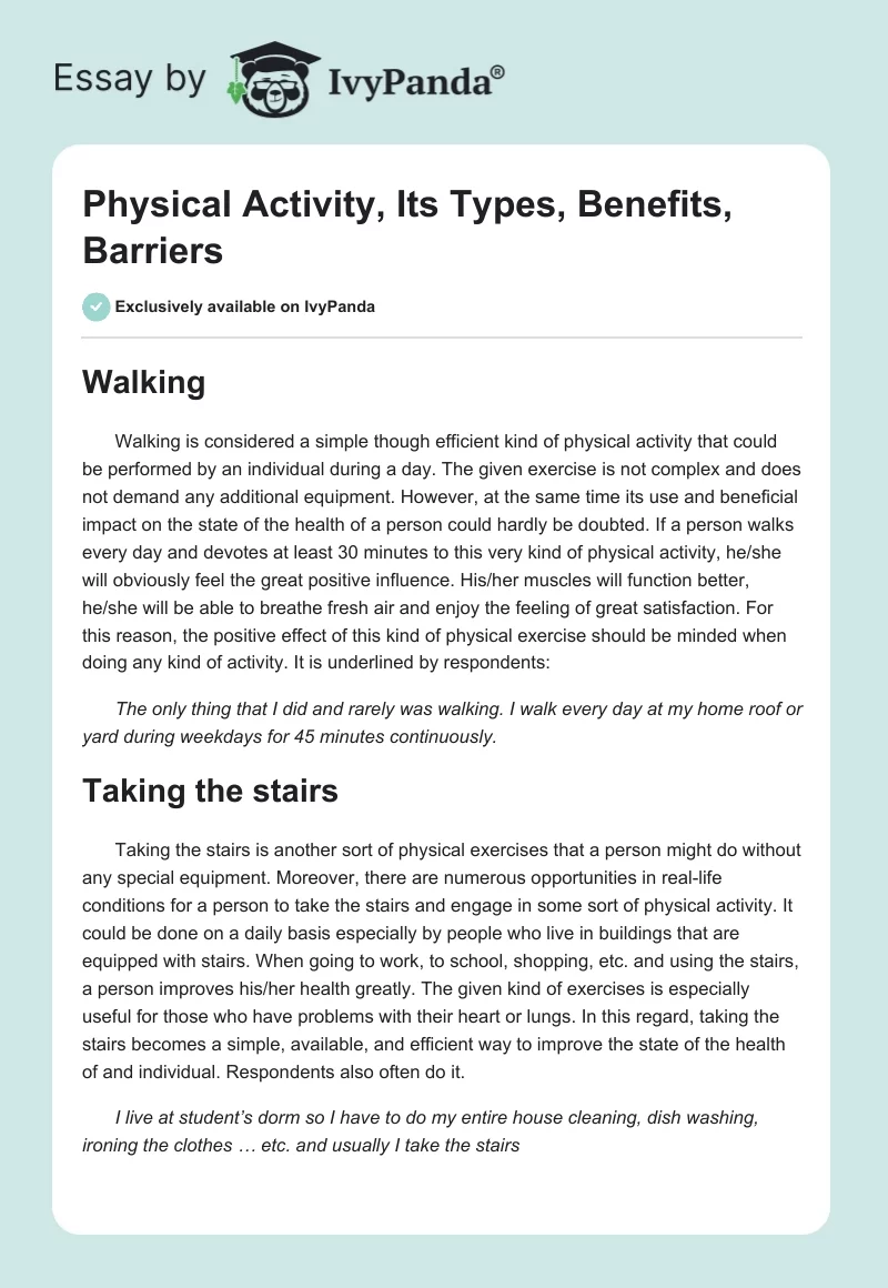 Physical Activity, Its Types, Benefits, Barriers. Page 1