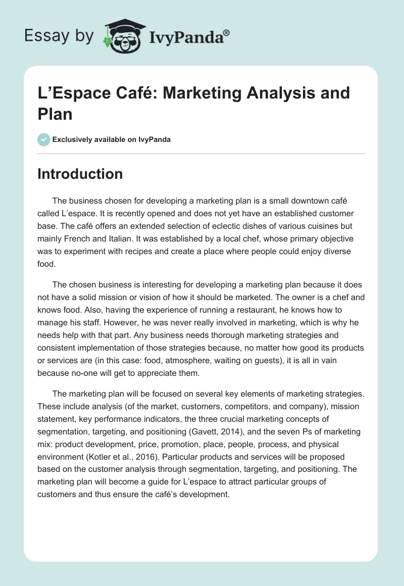 L’Espace Café: Marketing Analysis and Plan. Page 1