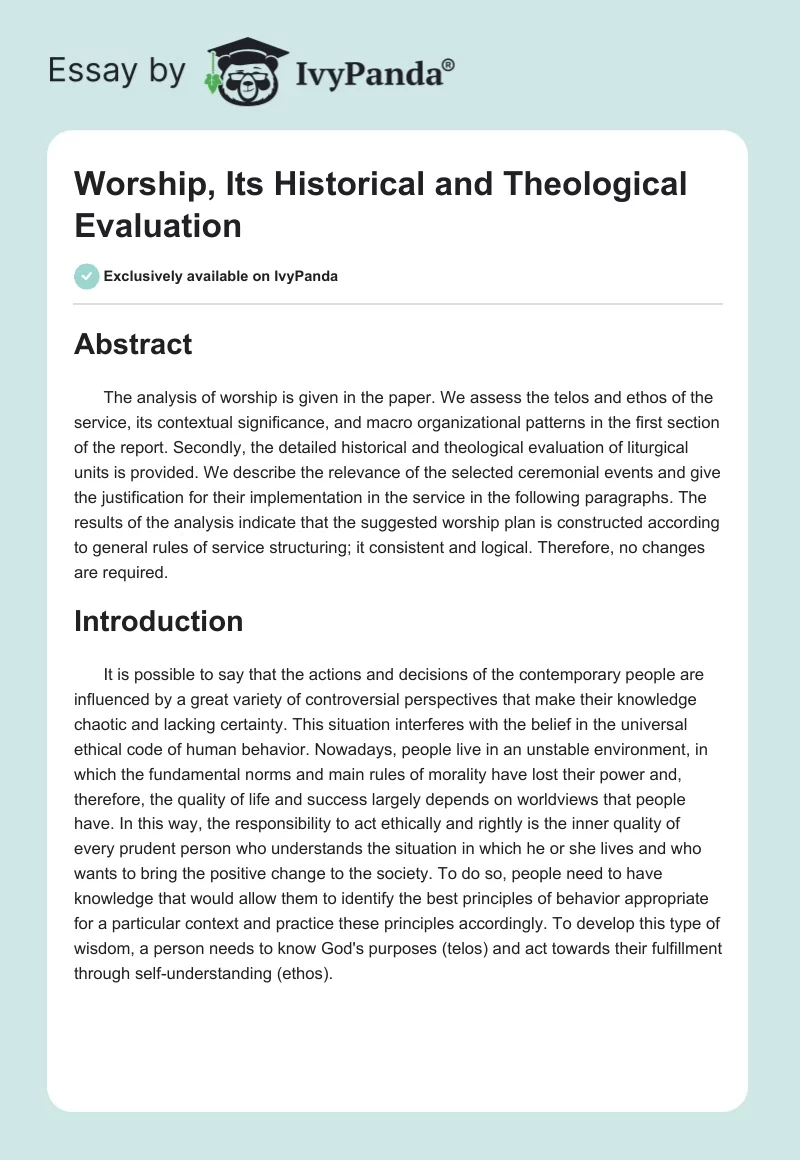 Worship, Its Historical and Theological Evaluation. Page 1