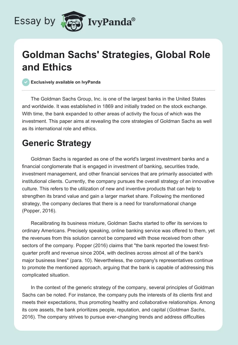 Goldman Sachs' Strategies, Global Role and Ethics. Page 1