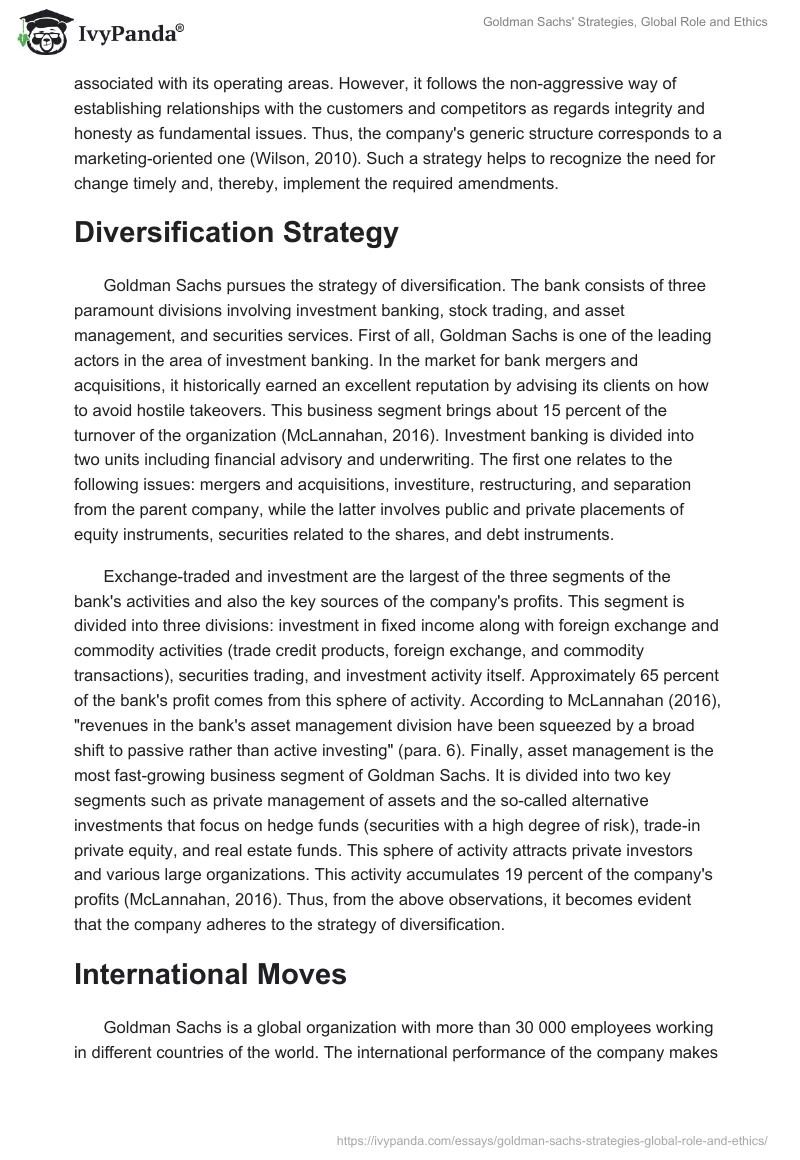Goldman Sachs' Strategies, Global Role and Ethics. Page 2