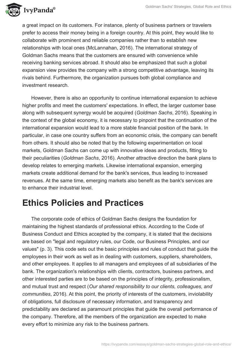 Goldman Sachs' Strategies, Global Role and Ethics. Page 3