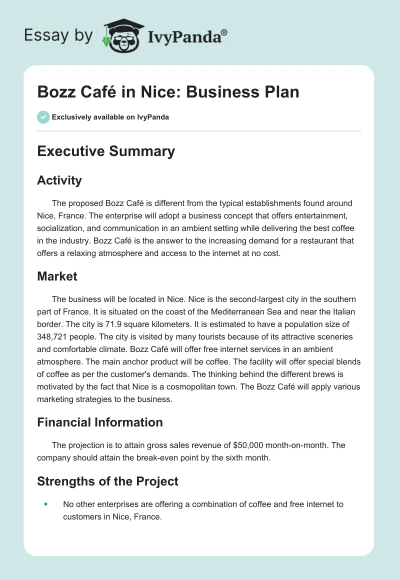 Bozz Café in Nice: Business Plan. Page 1