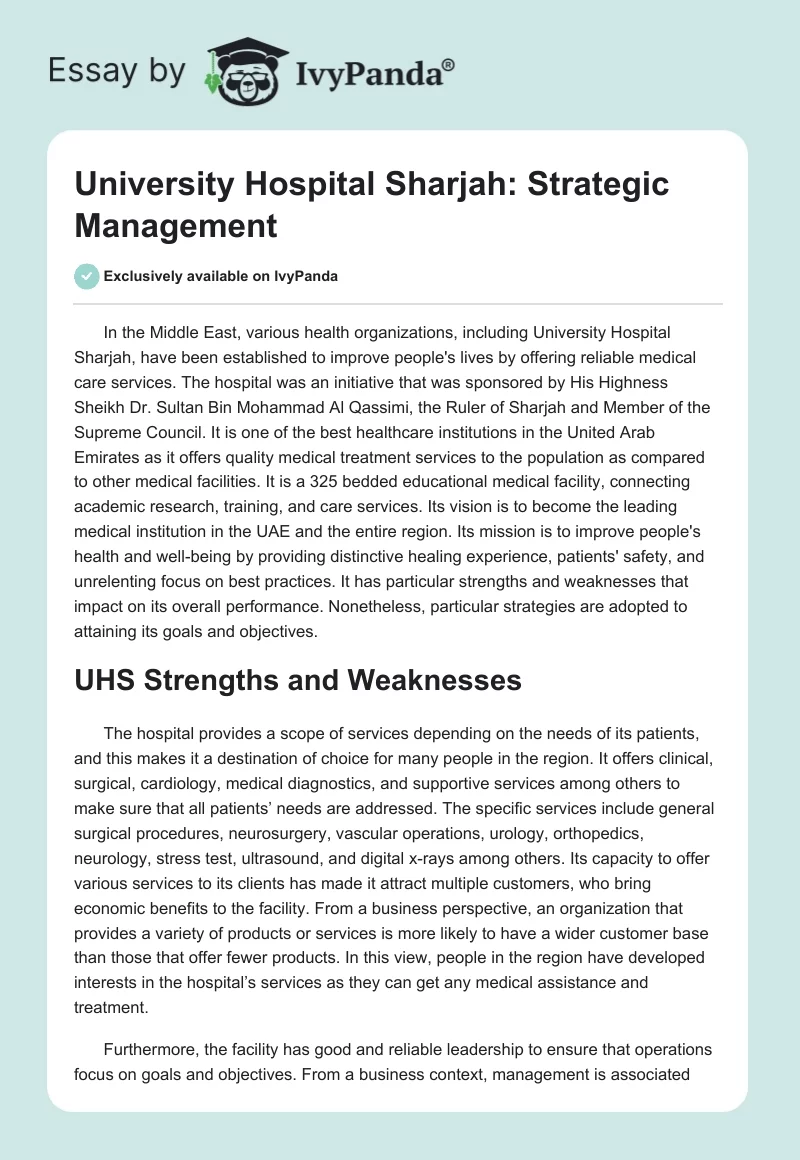 University Hospital Sharjah: Strategic Management. Page 1