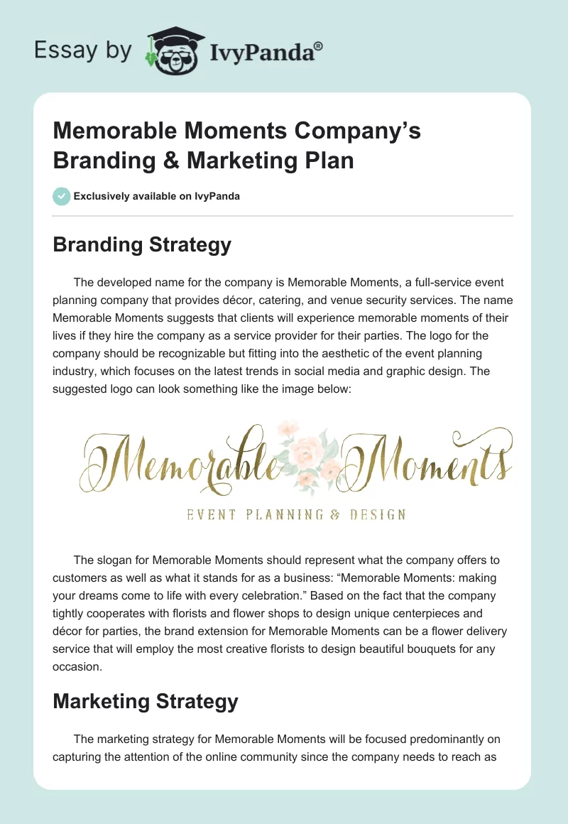 Memorable Moments Company’s Branding & Marketing Plan. Page 1