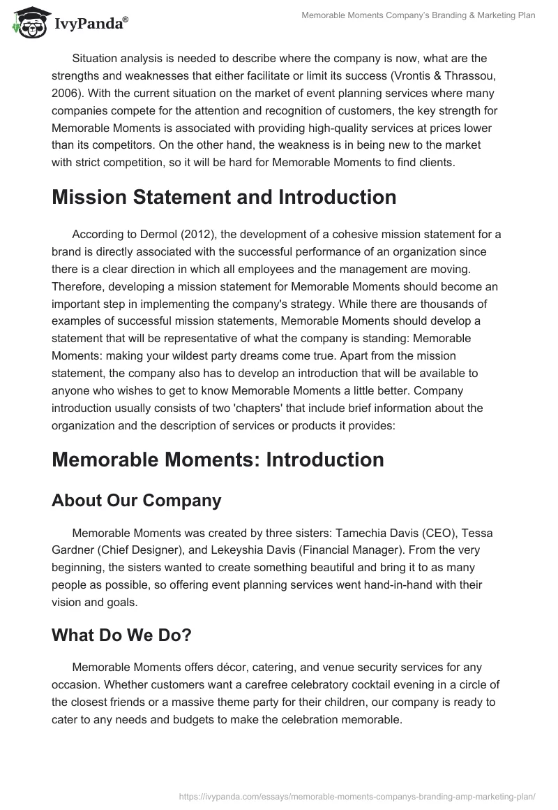 Memorable Moments Company’s Branding & Marketing Plan. Page 4