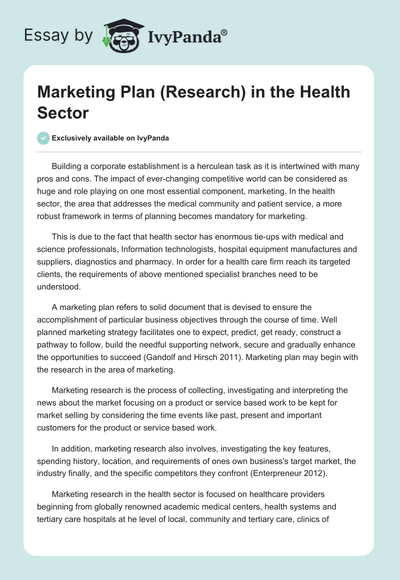 Marketing Plan (Research) in the Health Sector. Page 1
