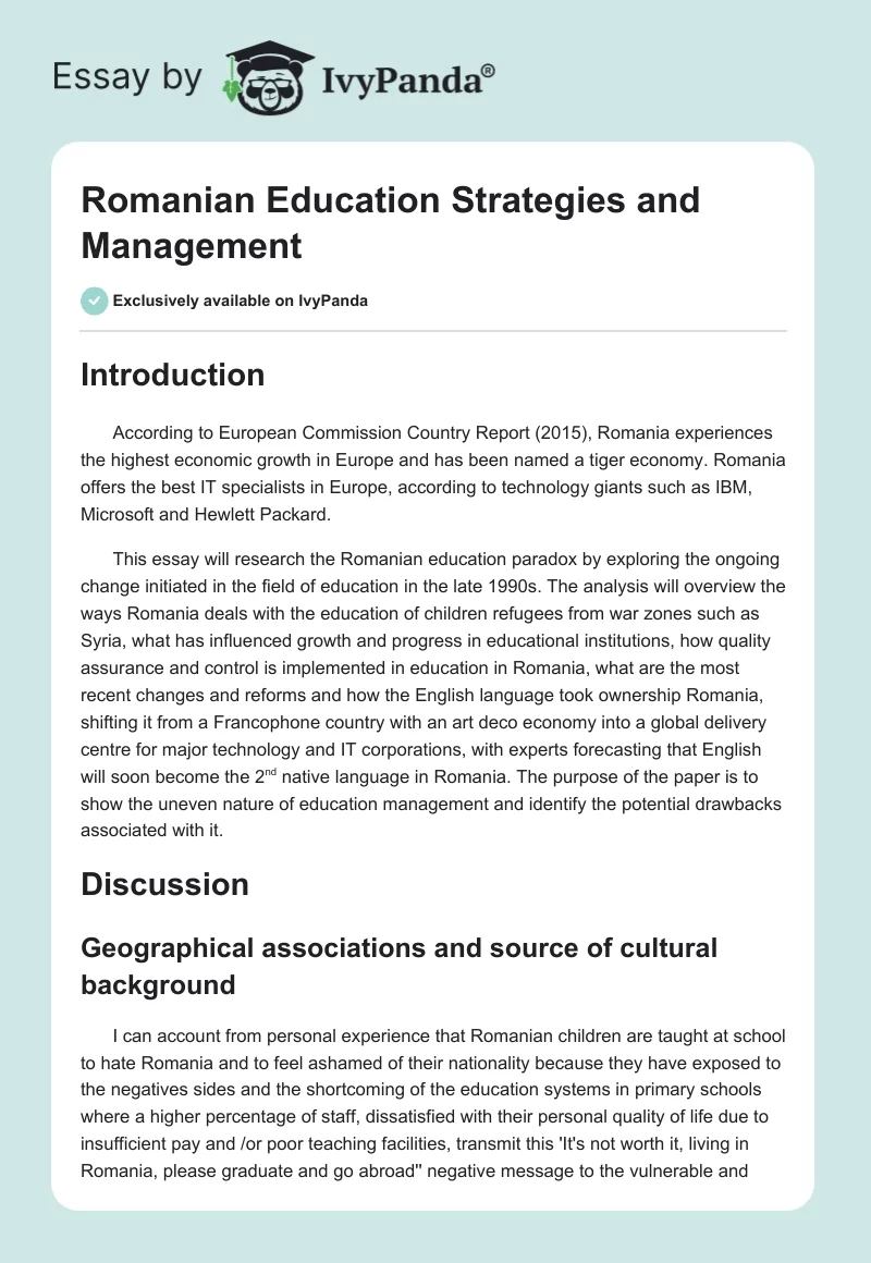 Romanian Education Strategies and Management. Page 1