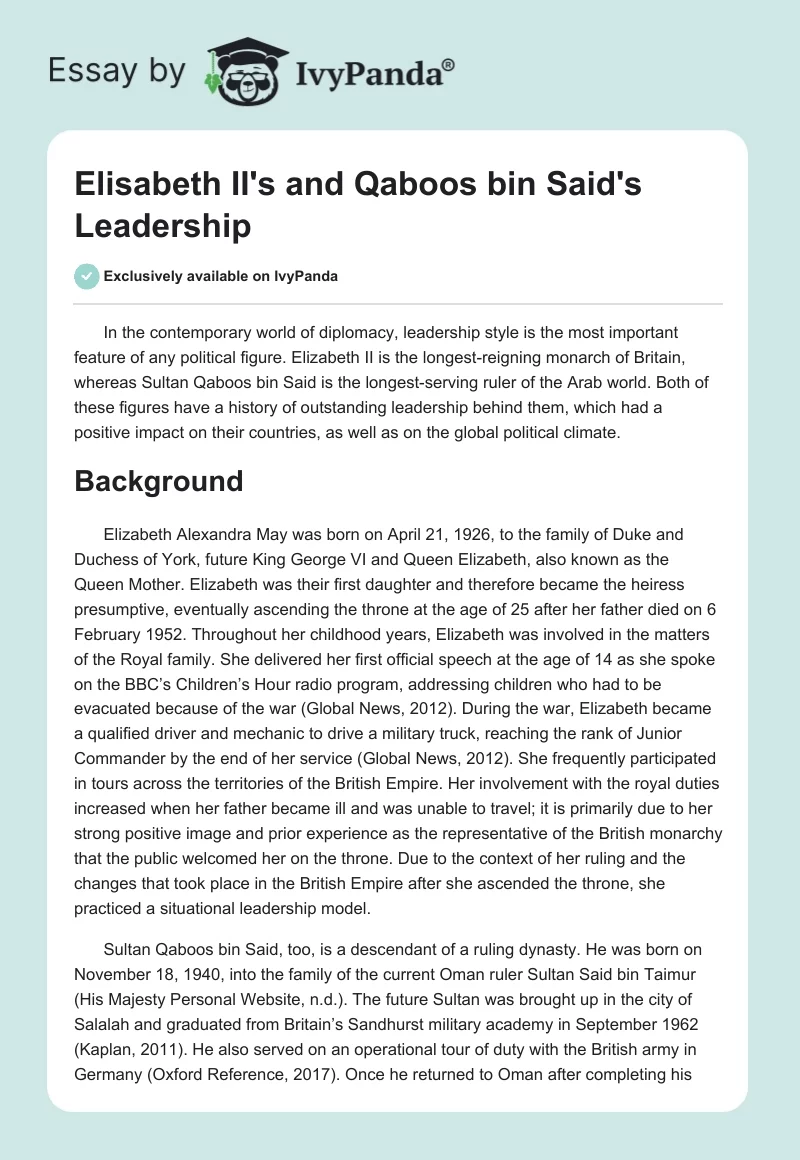 Elisabeth II's and Qaboos bin Said's Leadership. Page 1