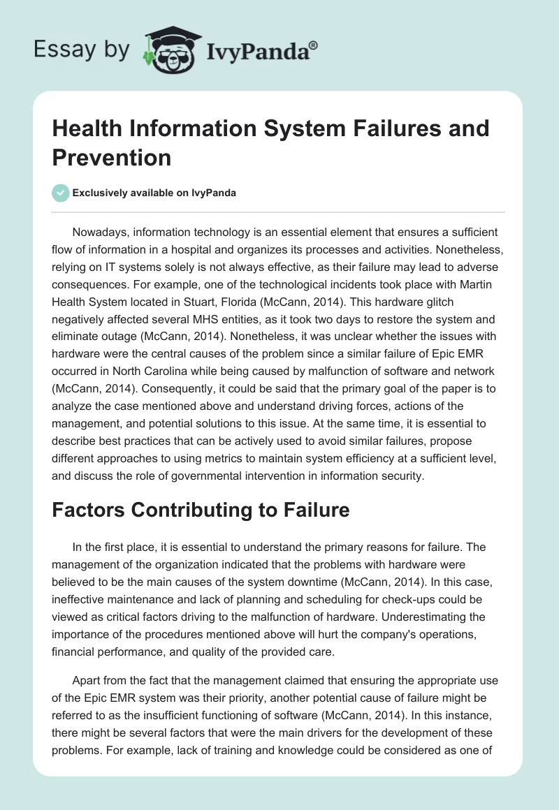 Health Information System Failures and Prevention. Page 1