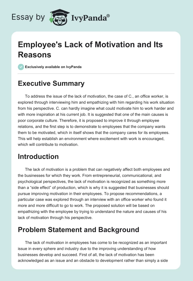 Employee's Lack of Motivation and Its Reasons. Page 1