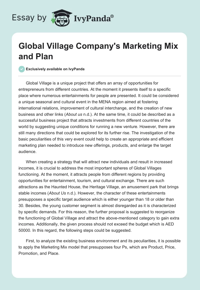 Global Village Company's Marketing Mix and Plan. Page 1