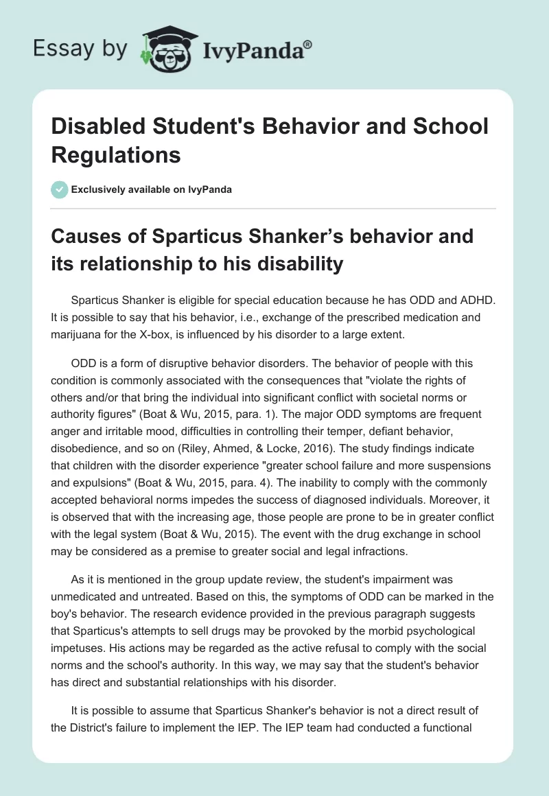 Disabled Student's Behavior and School Regulations. Page 1