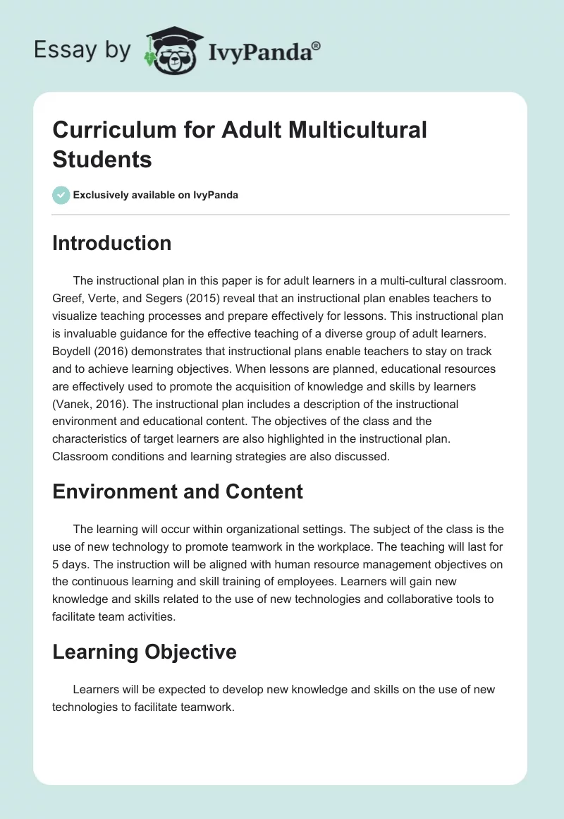 Curriculum for Adult Multicultural Students. Page 1