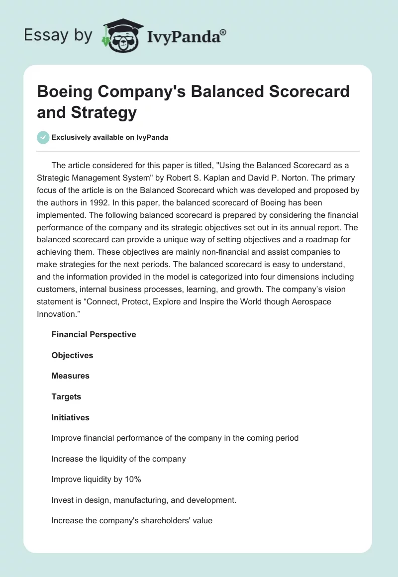 Boeing Company's Balanced Scorecard and Strategy. Page 1