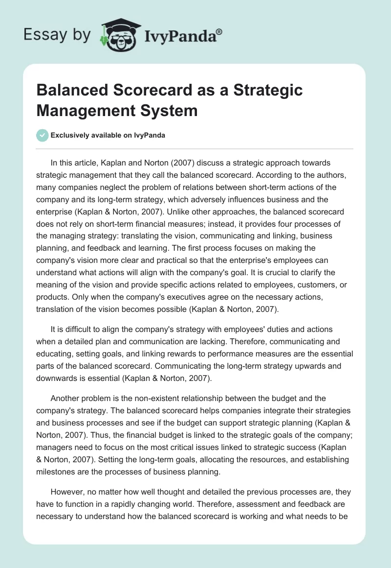 Balanced Scorecard as a Strategic Management System. Page 1