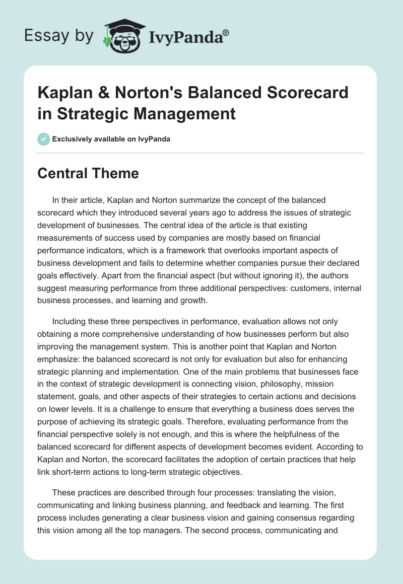 Kaplan & Norton's Balanced Scorecard in Strategic Management. Page 1