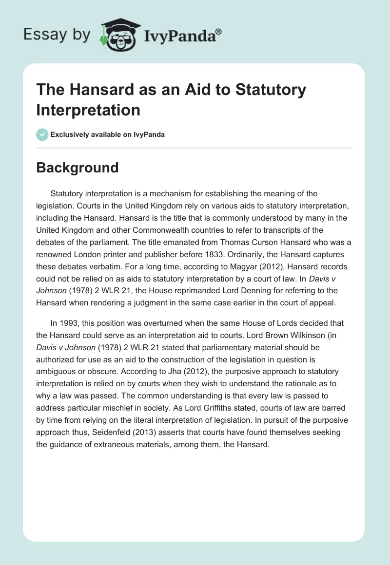 The Hansard as an Aid to Statutory Interpretation. Page 1