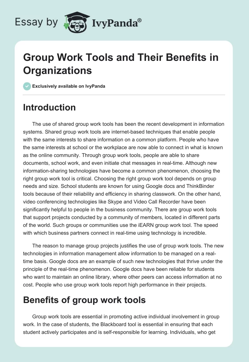 Group Work Tools and Their Benefits in Organizations. Page 1