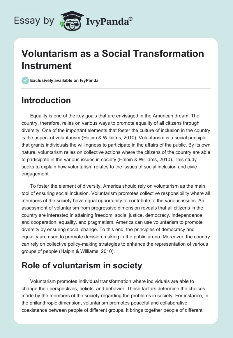 Voluntarism as a Social Transformation Instrument. Page 1