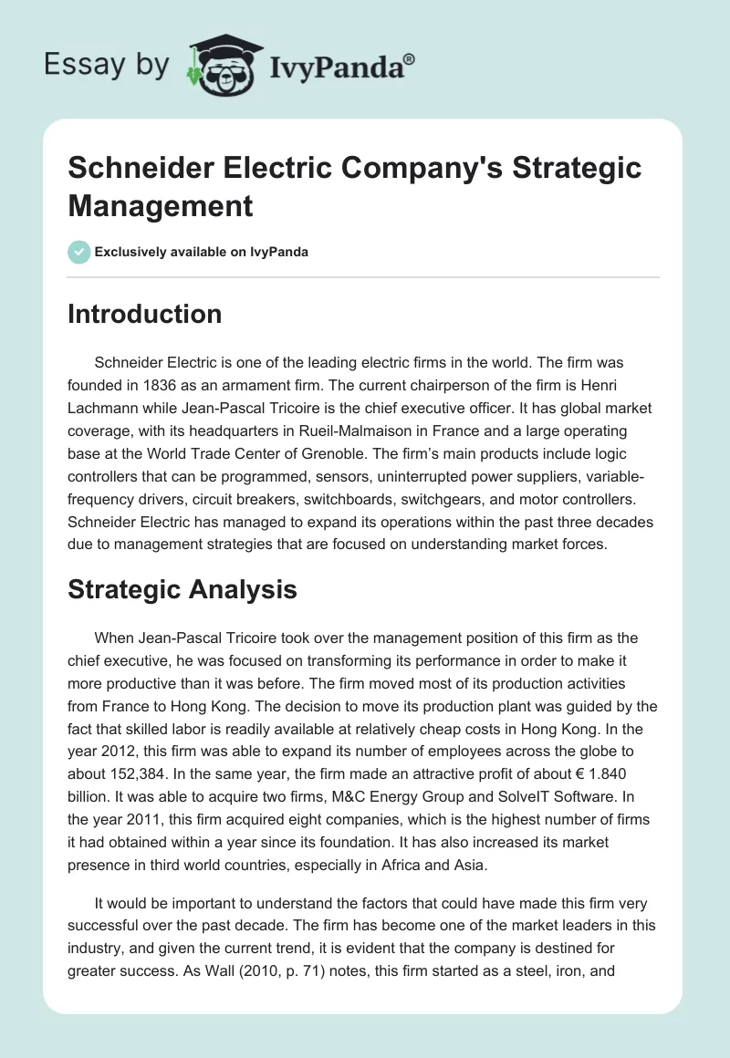 Schneider Electric Company's Strategic Management. Page 1
