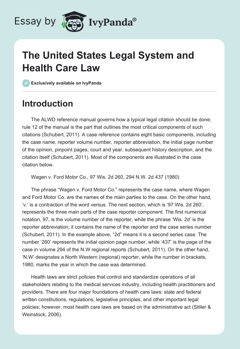 The United States Legal System and Health Care Law. Page 1