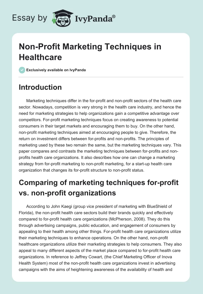 Non-Profit Marketing Techniques in Healthcare. Page 1