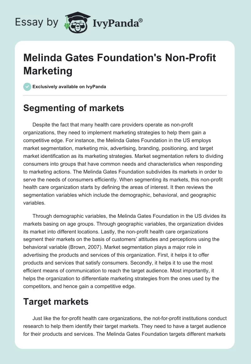 Melinda Gates Foundation's Non-Profit Marketing. Page 1