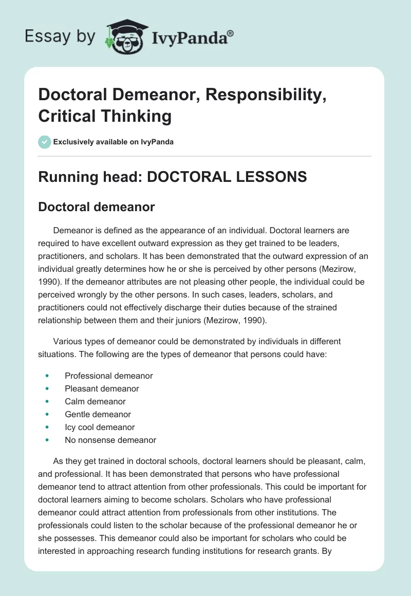 Doctoral Demeanor, Responsibility, Critical Thinking. Page 1