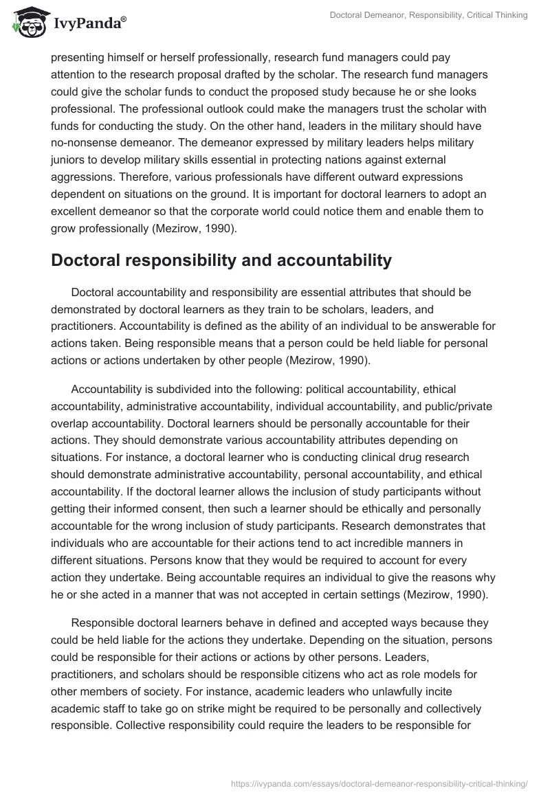 Doctoral Demeanor, Responsibility, Critical Thinking. Page 2