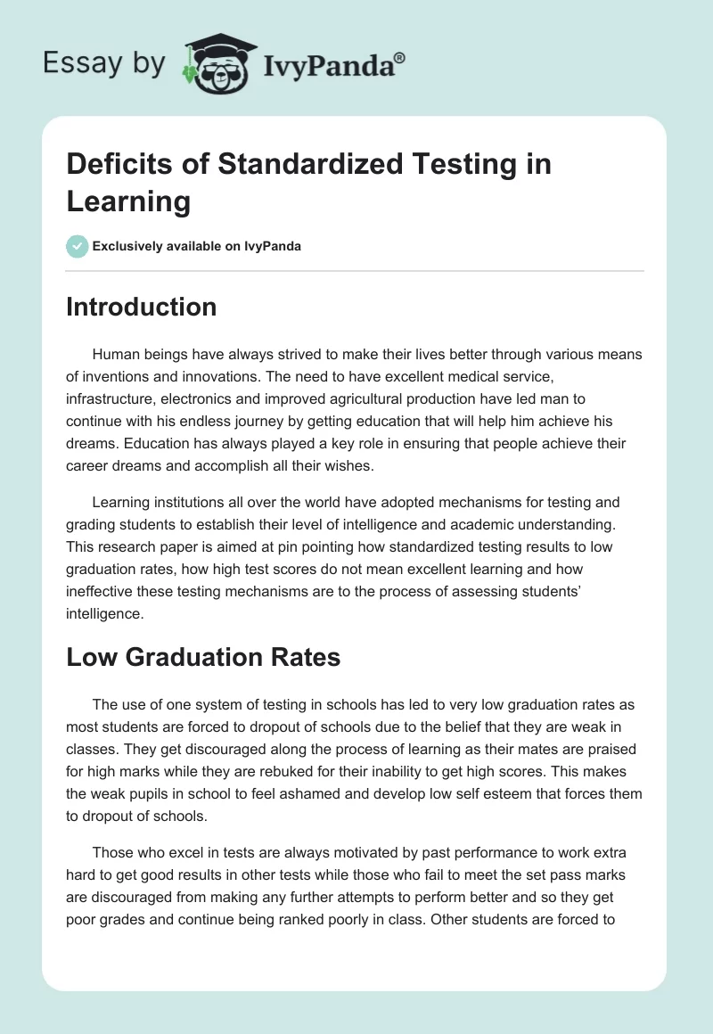 Deficits of Standardized Testing in Learning. Page 1