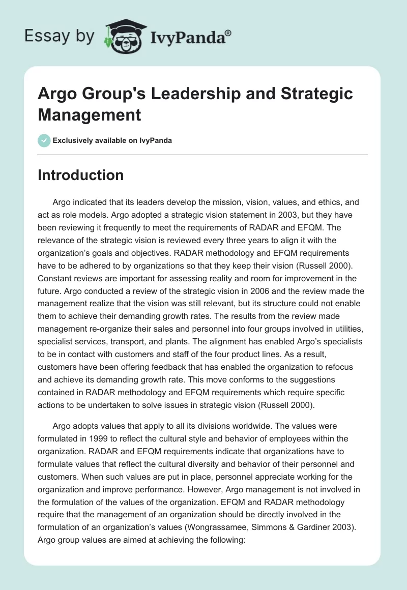 Argo Group's Leadership and Strategic Management. Page 1