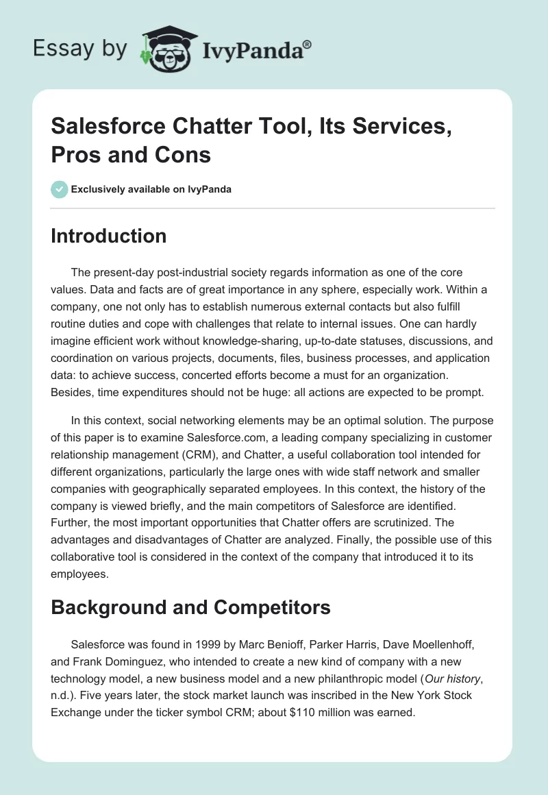 Salesforce Chatter Tool, Its Services, Pros and Cons. Page 1