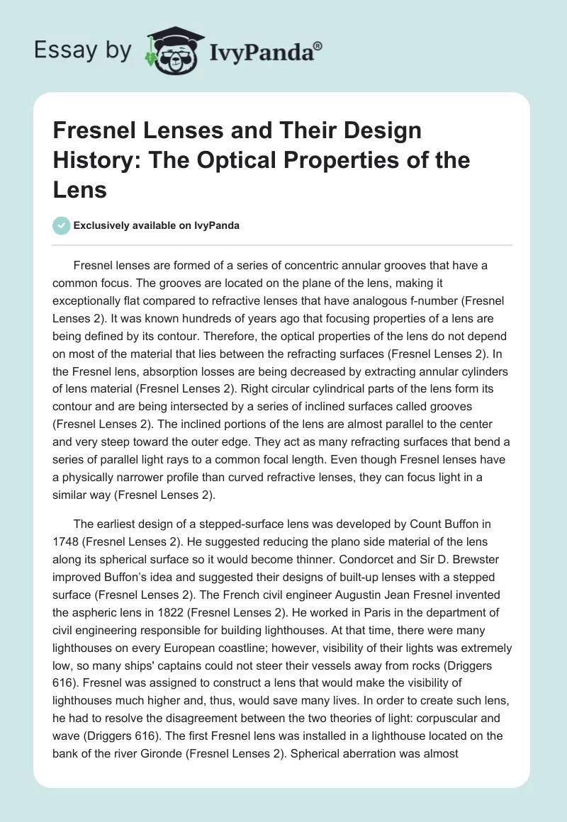 Fresnel Lenses and Their Design History: The Optical Properties of the Lens. Page 1
